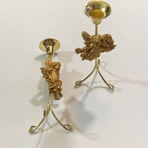VTG,Metal And Resin Cherub Charming Gold Angel Taper Candle Holder Wall Hooks